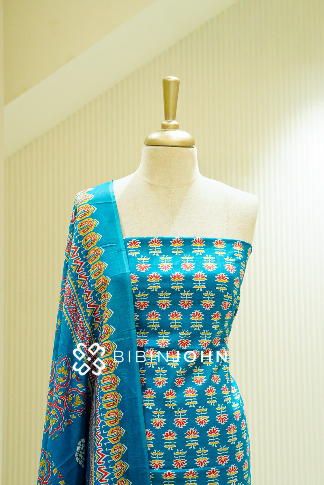 Printed Cotton Unstitched Salwar Suit Material Teal Blue CLOSE VIEW