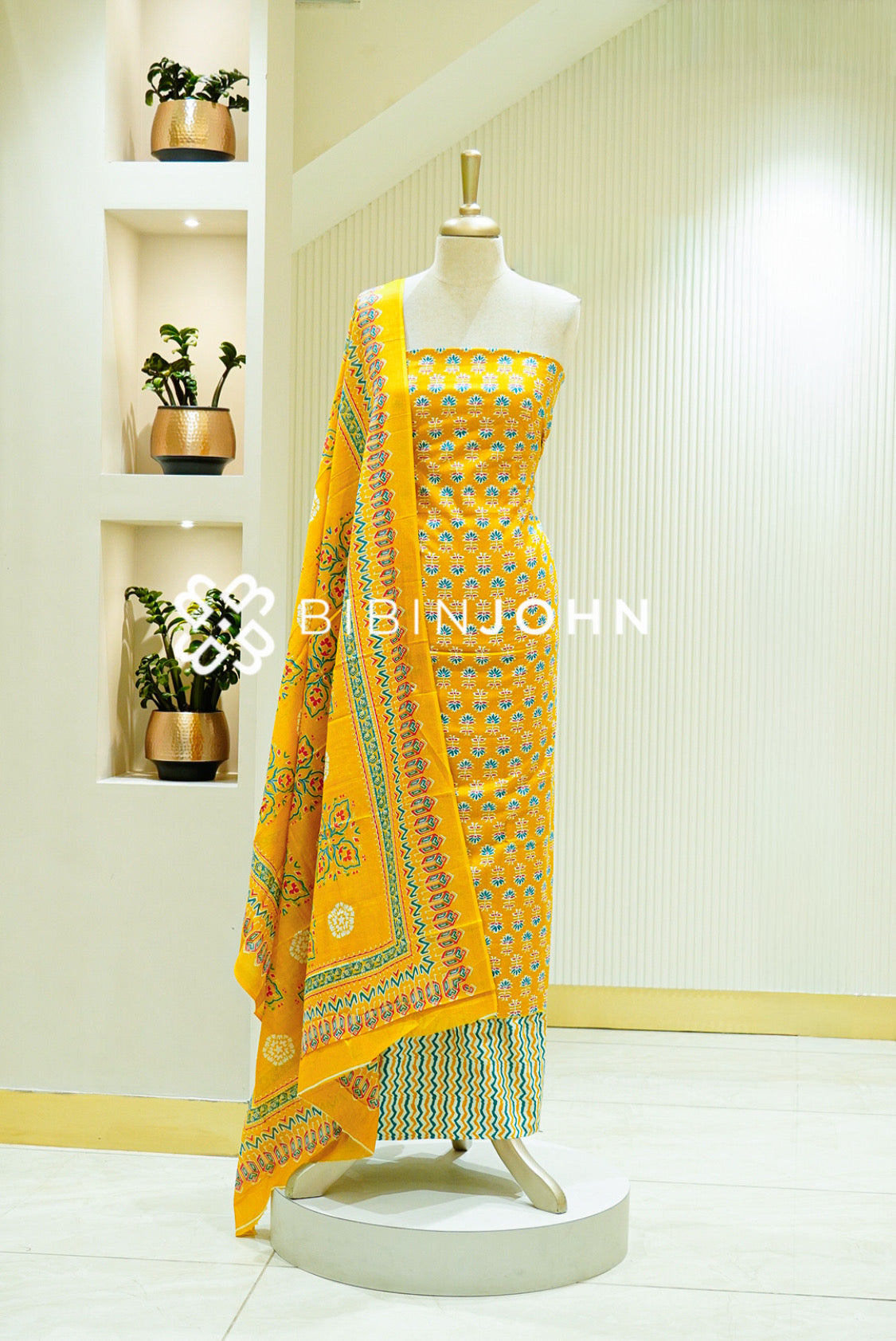 Printed Cotton Unstitched Salwar Suit Material Mustard Yellow 