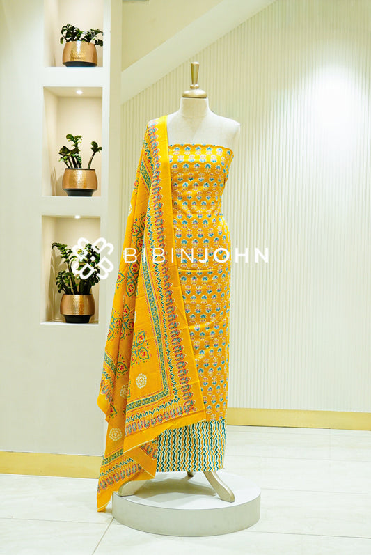 Printed Cotton Unstitched Salwar Suit Material Mustard Yellow 