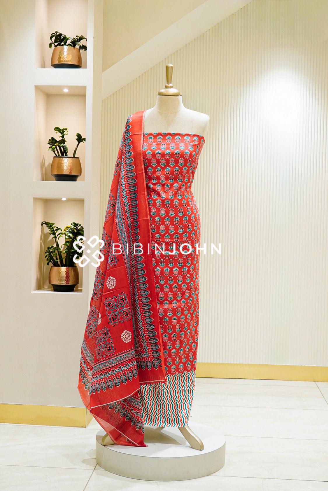 Printed Cotton Unstitched Salwar Suit Material Red Orange