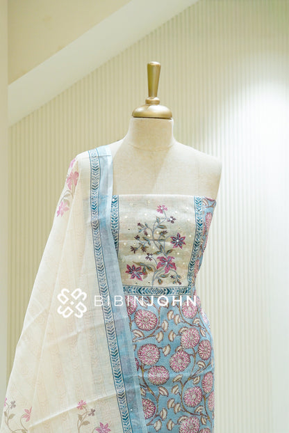 Art Linen Embroidery Unstitched Salwar Suit Material Powder Blue CLOSE VIEW