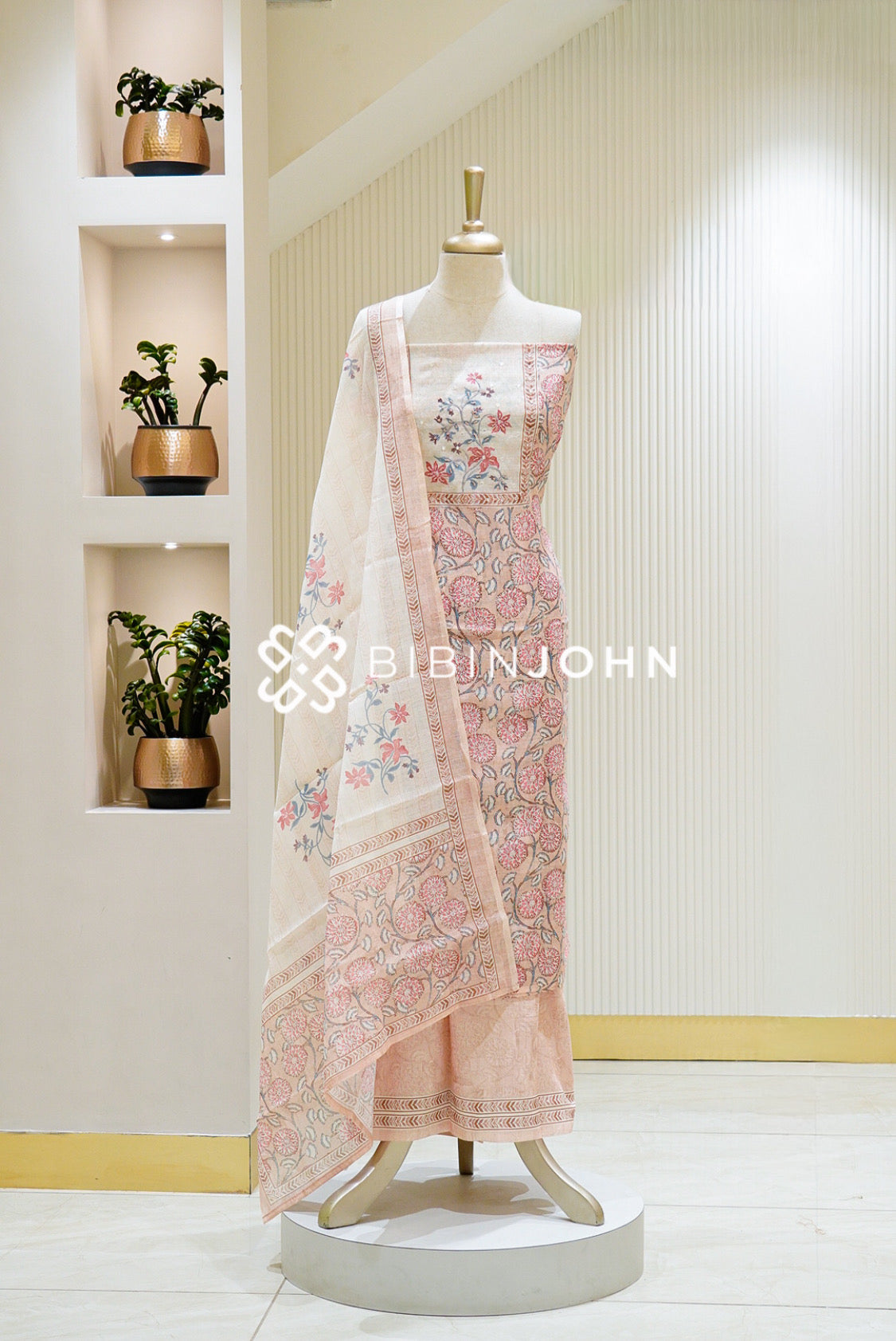 Art Linen Embroidery Unstitched Salwar Suit Material Peach Beige