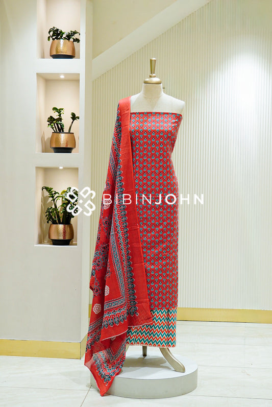 Printed Cotton Unstitched Salwar Suit Material Coral Red