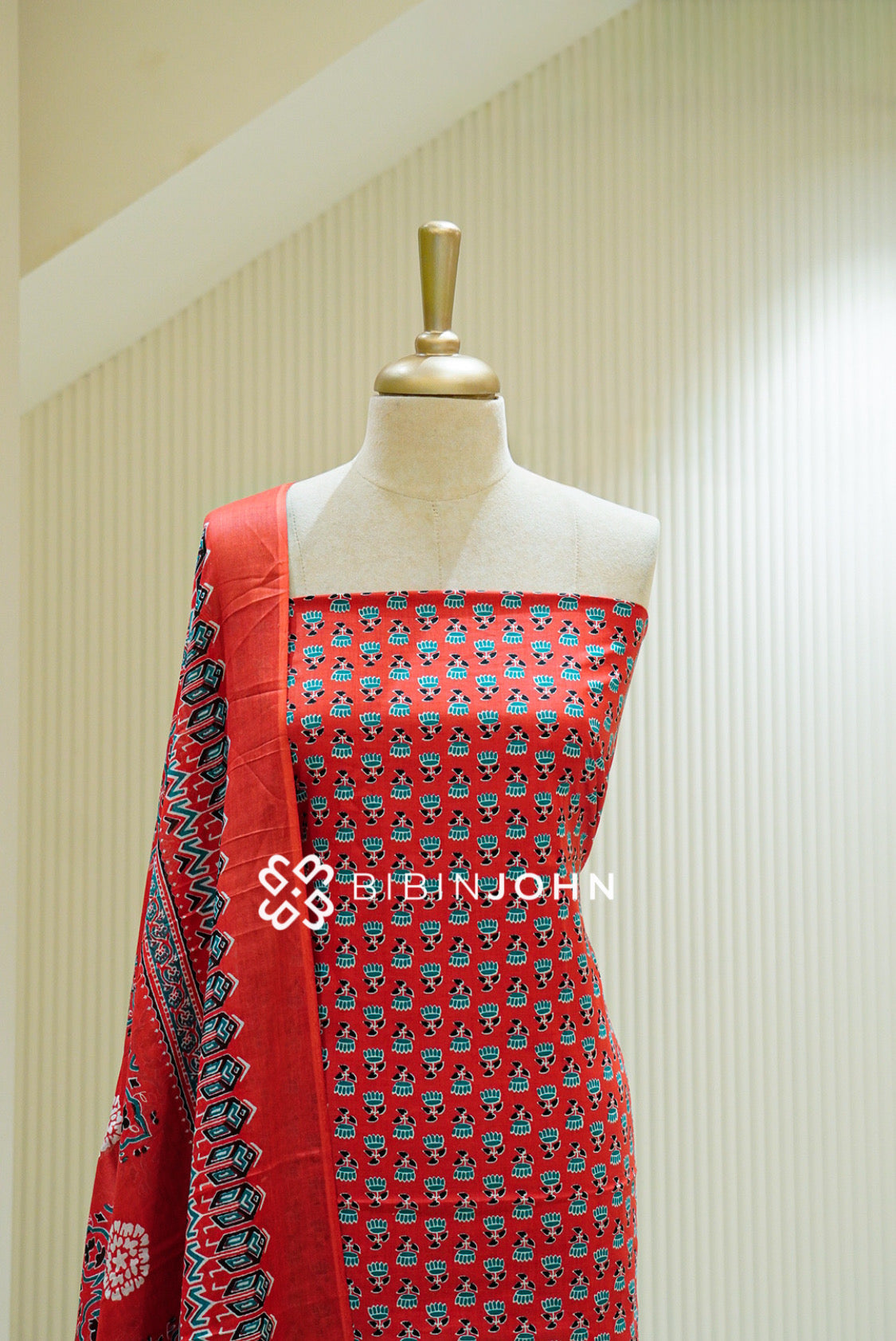 Printed Cotton Unstitched Salwar Suit Material Coral Red CLOSE VIEW