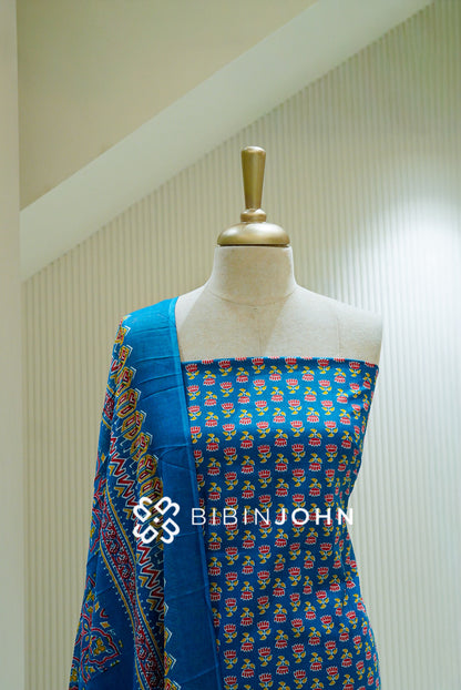 Printed Cotton Unstitched Salwar Suit Material  Royal Blue CLOSE VIEW