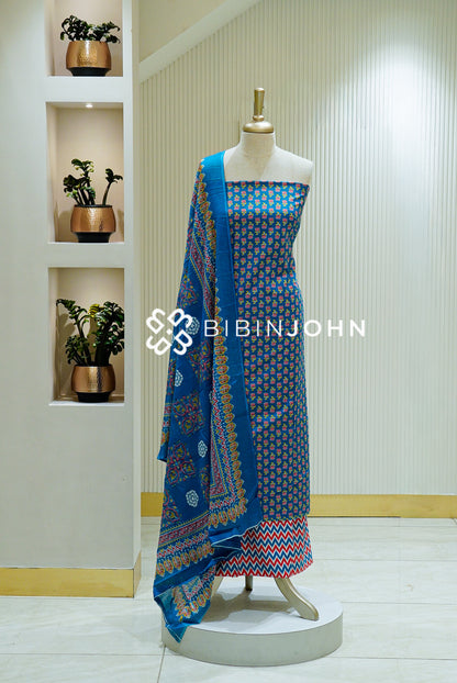Printed Cotton Unstitched Salwar Suit Material  Royal Blue