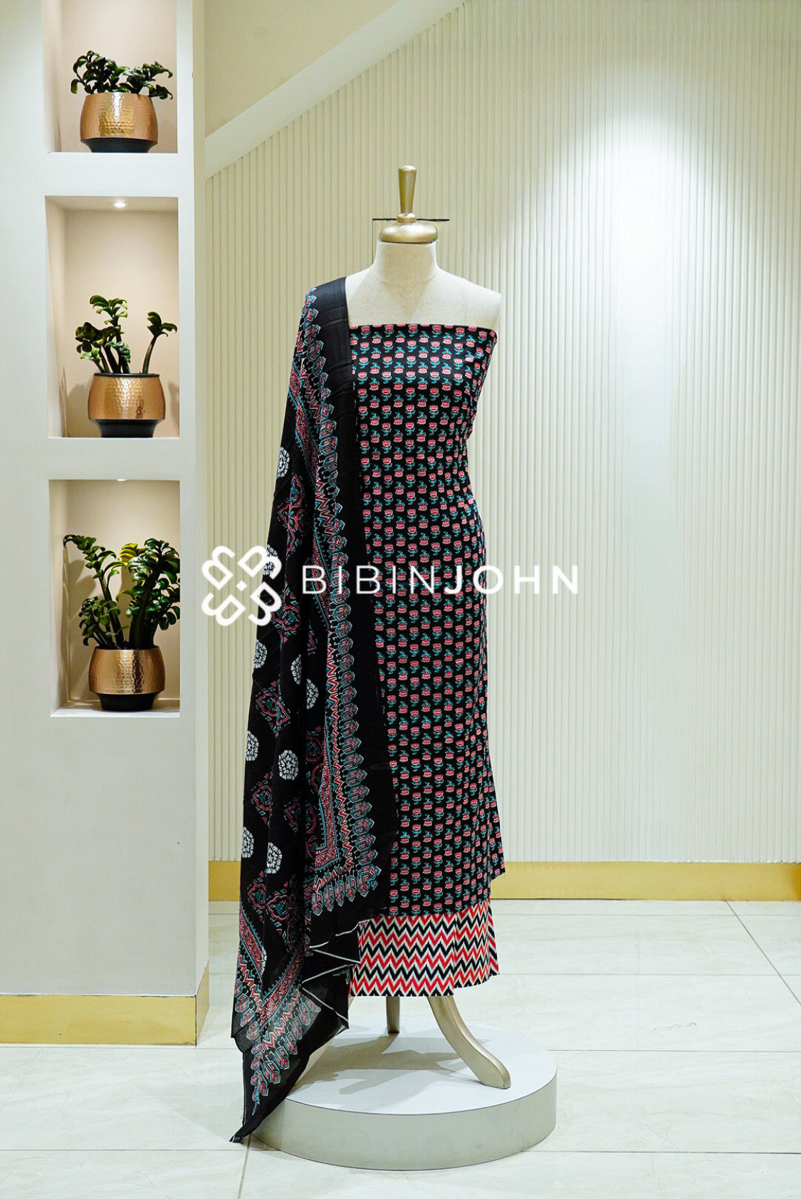 Printed Cotton Unstitched Salwar Suit Material Black 