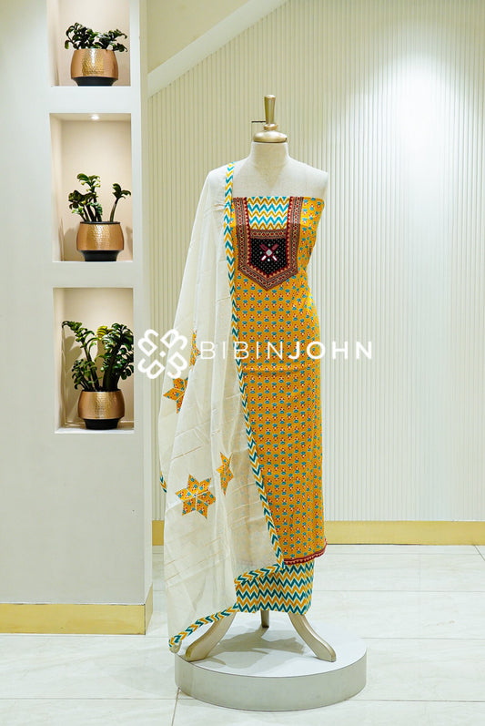 Cotton Embroidery Unstitched Salwar Suit Material Mustard Yellow 