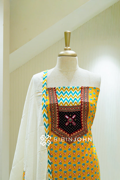 Cotton Embroidery Unstitched Salwar Suit Material Mustard Yellow  close view