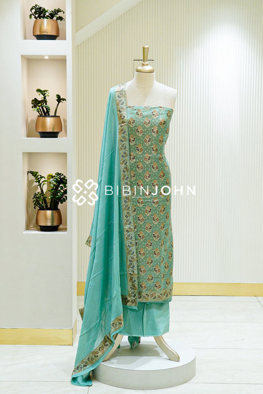 Dyed Banarasi Unstitched Salwar Suit Material Aqua Mint 