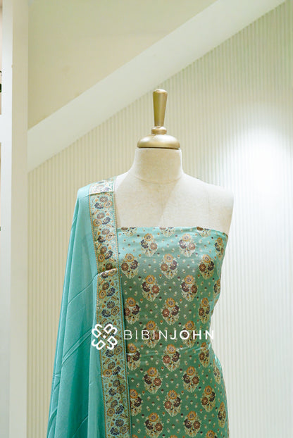 Dyed Banarasi Unstitched Salwar Suit Material Aqua Mint  CLOSE VIEW