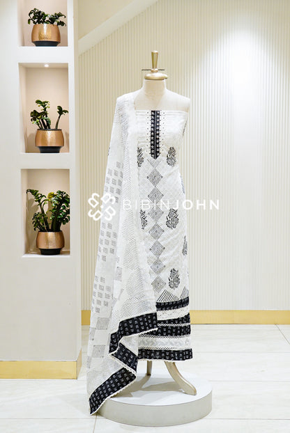 Cotton Embroidery Unstitched Salwar Suit Material  White with Black 