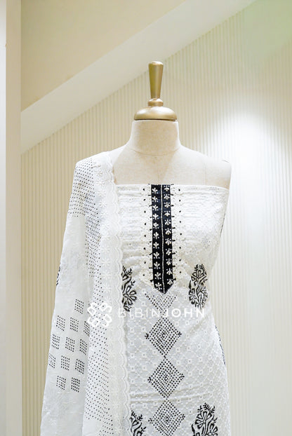Cotton Embroidery Unstitched Salwar Suit Material  White with Black  CLOSE VIEW