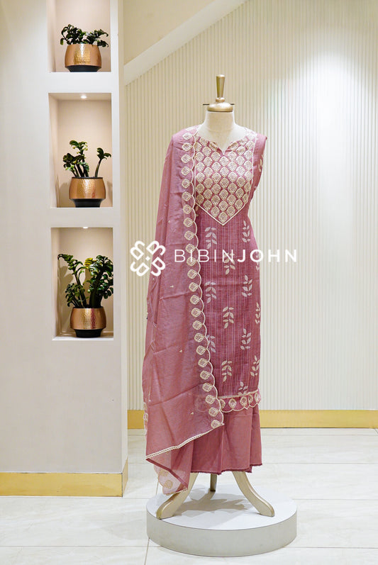 Silk Embroidery Semi Stitched Salwar Suit Material Dusty Rose