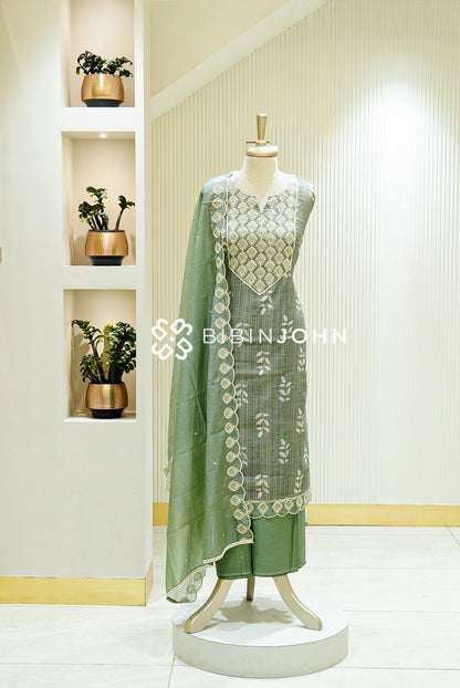 Silk Embroidery Semi Stitched Salwar Suit Material Sage Green with Ivory