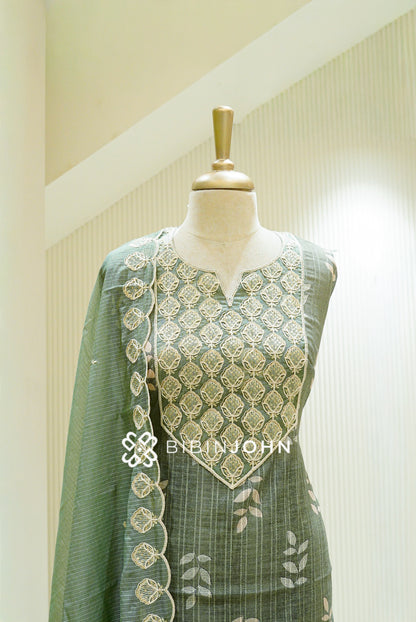 Silk Embroidery Semi Stitched Salwar Suit Material Sage Green with Ivory CLOSE VIEW
