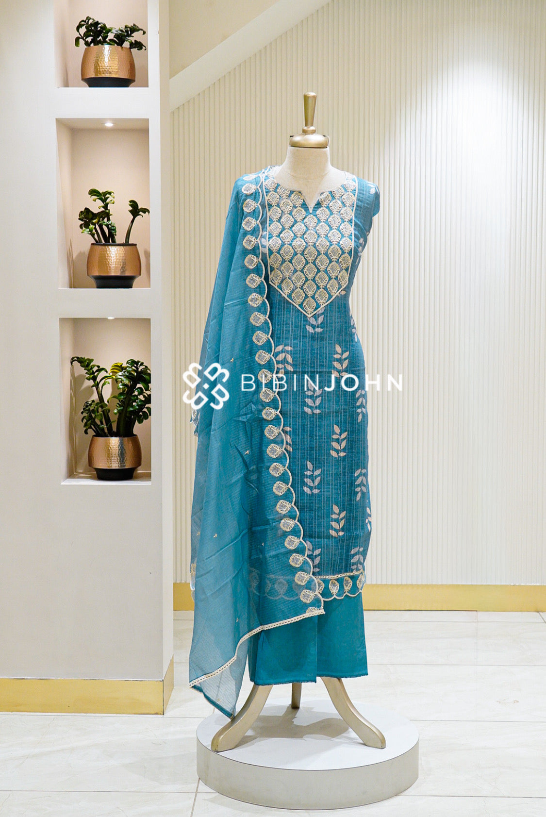 Silk Embroidery Semi Stitched Salwar Suit Material Teal Blue with Ivory 