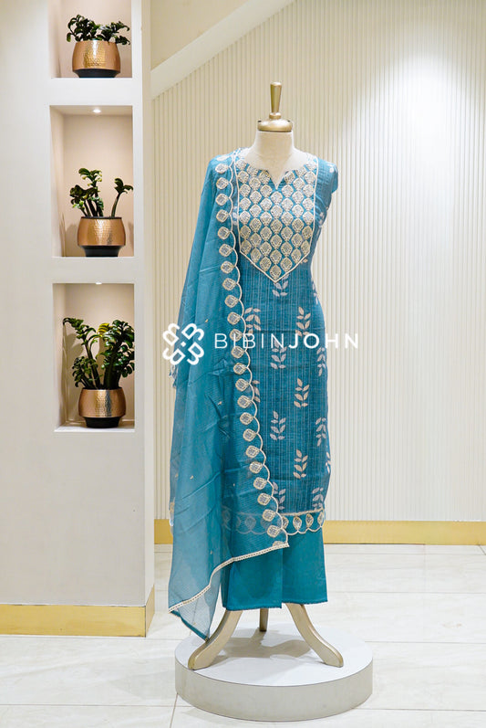 Silk Embroidery Semi Stitched Salwar Suit Material Teal Blue with Ivory 