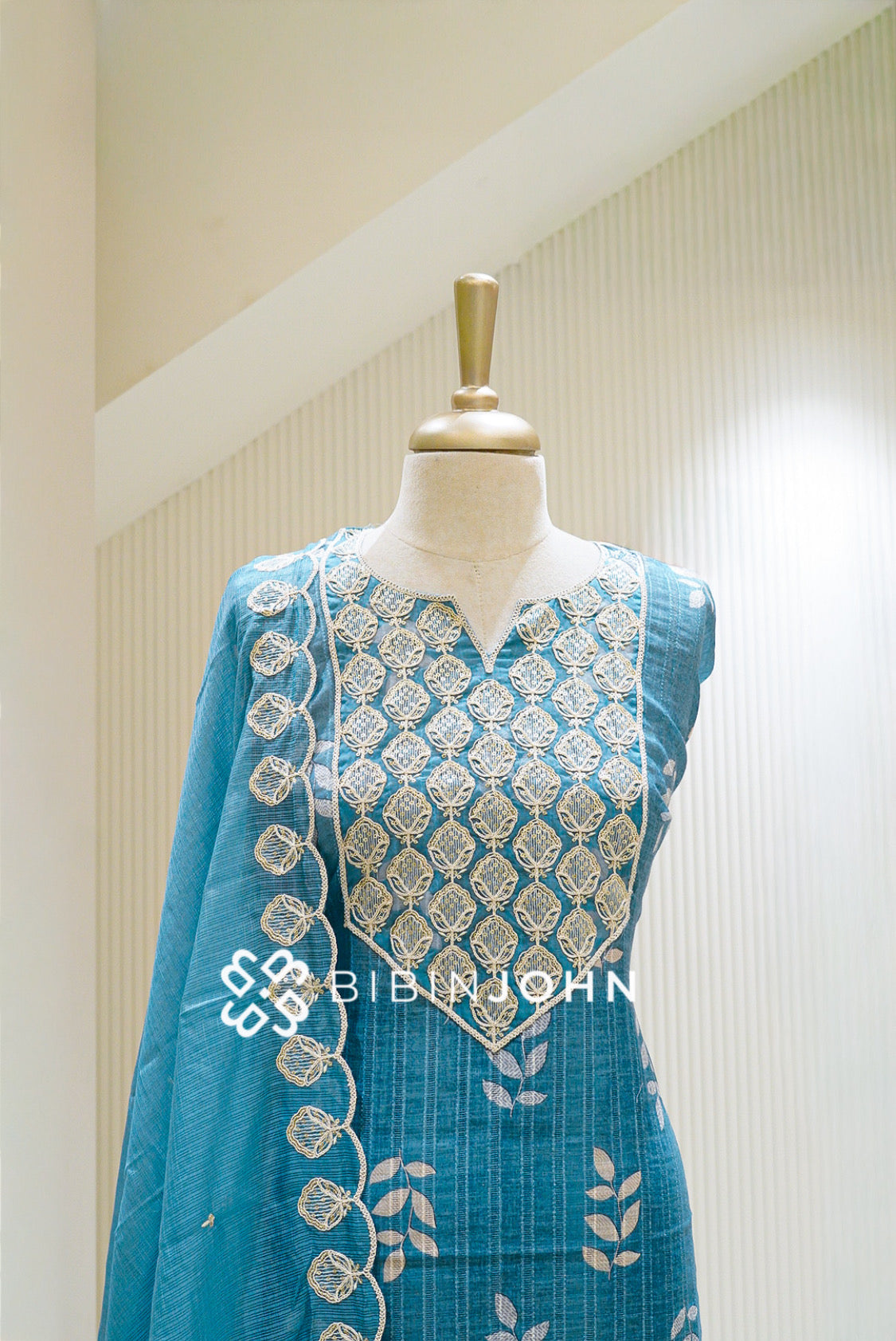 Silk Embroidery Semi Stitched Salwar Suit Material Teal Blue with Ivory  CLOSE VIEW