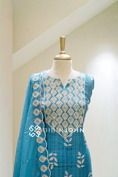 Silk Embroidery Semi Stitched Salwar Suit Material Teal Blue with Ivory  CLOSE VIEW