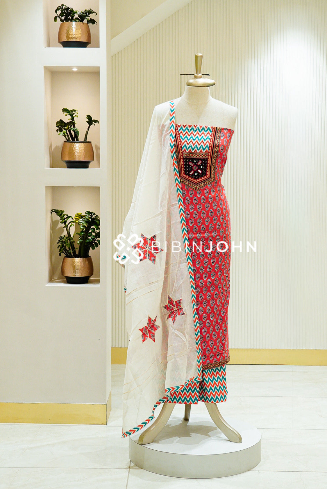 Cotton Embroidery Unstitched Salwar Suit Material Coral Red