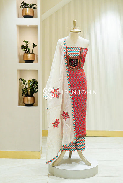 Cotton Embroidery Unstitched Salwar Suit Material Coral Red