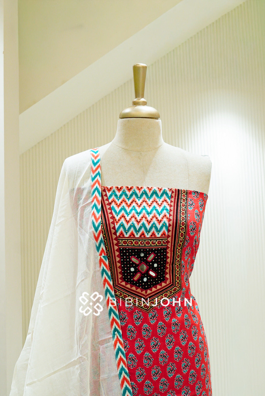 Cotton Embroidery Unstitched Salwar Suit Material Coral Red CLOSE VIEW