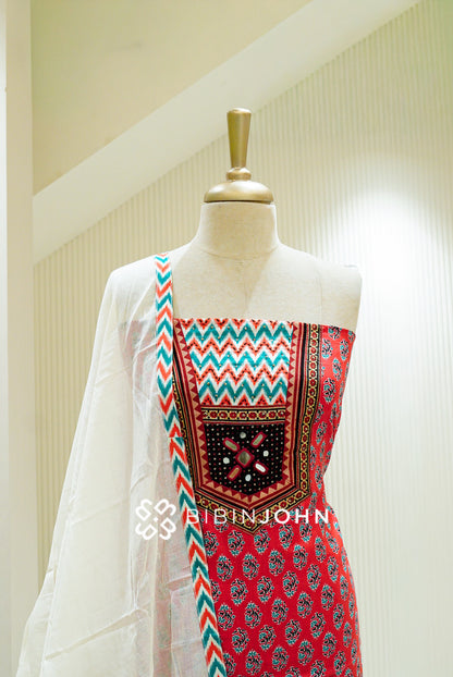 Cotton Embroidery Unstitched Salwar Suit Material Coral Red CLOSE VIEW
