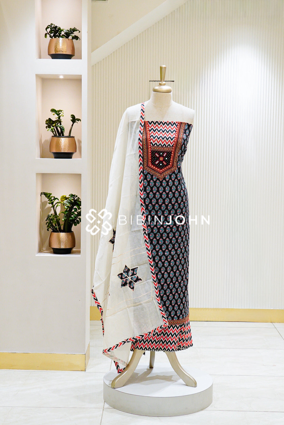 Cotton Embroidery Unstitched Salwar Suit Material Black with White 