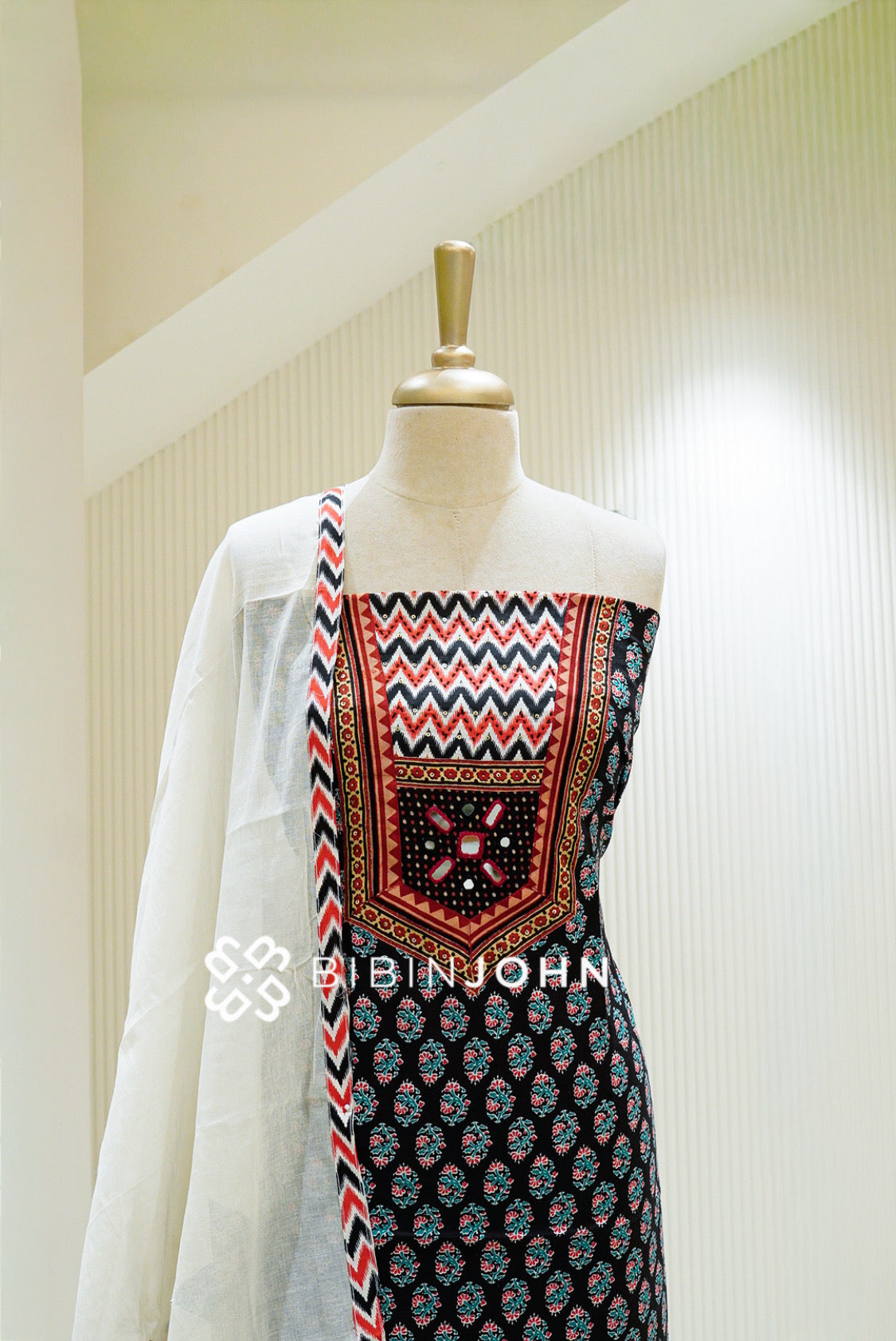 Cotton Embroidery Unstitched Salwar Suit Material Black with White CLOSE VIEW