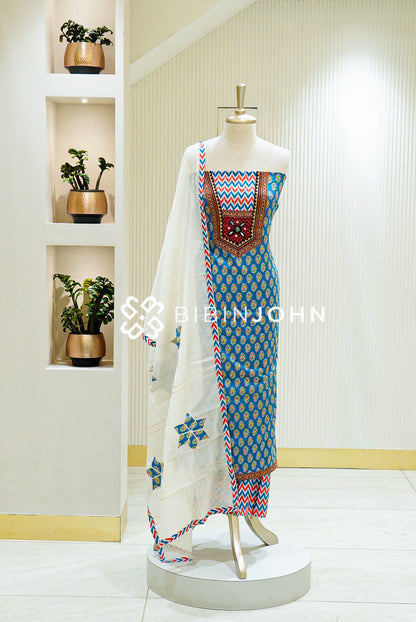 Cotton Embroidery Unstitched Salwar Suit Material Teal Blue 