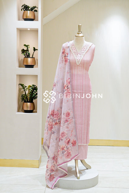 Linen Embroidery Semi Stitched Salwar Suit Material Pastel Pink