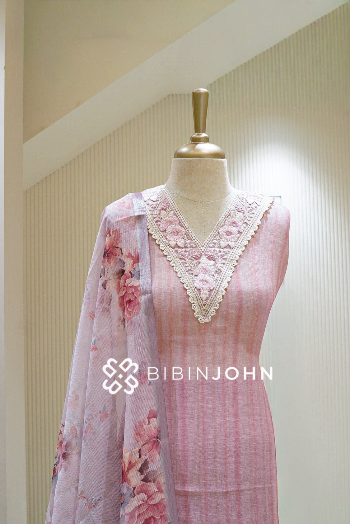 Linen Embroidery Semi Stitched Salwar Suit Material Pastel Pink close view