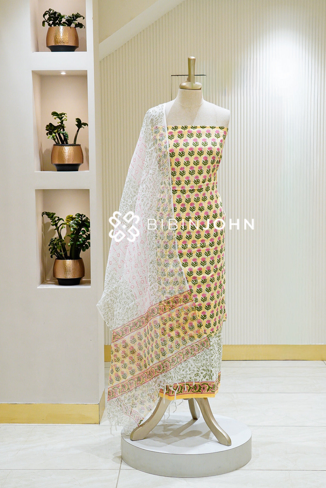 Printed Cotton Unstitched Salwar Suit Material Lemon Yellow