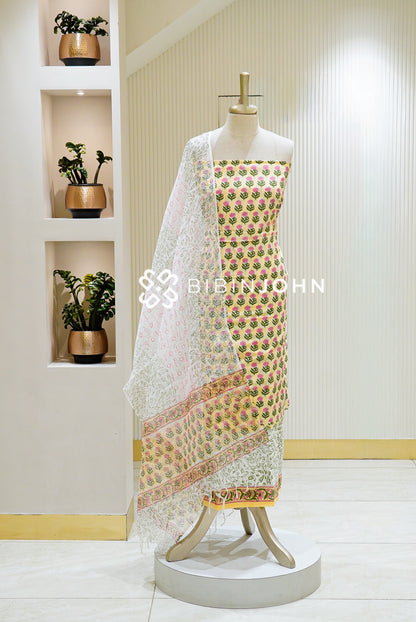 Printed Cotton Unstitched Salwar Suit Material Lemon Yellow