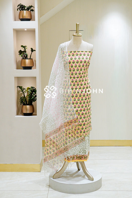 Printed Cotton Unstitched Salwar Suit Material Lemon Yellow