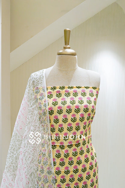 Printed Cotton Unstitched Salwar Suit Material Lemon Yellow close view