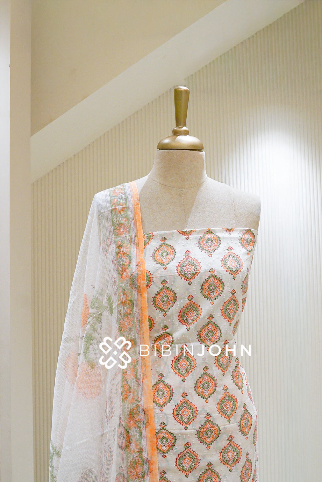 Printed Cotton Unstitched Salwar Suit Material Off-White with Peach CLOSE VIEW