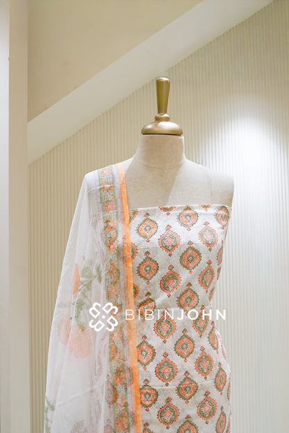 Printed Cotton Unstitched Salwar Suit Material Off-White with Peach CLOSE VIEW