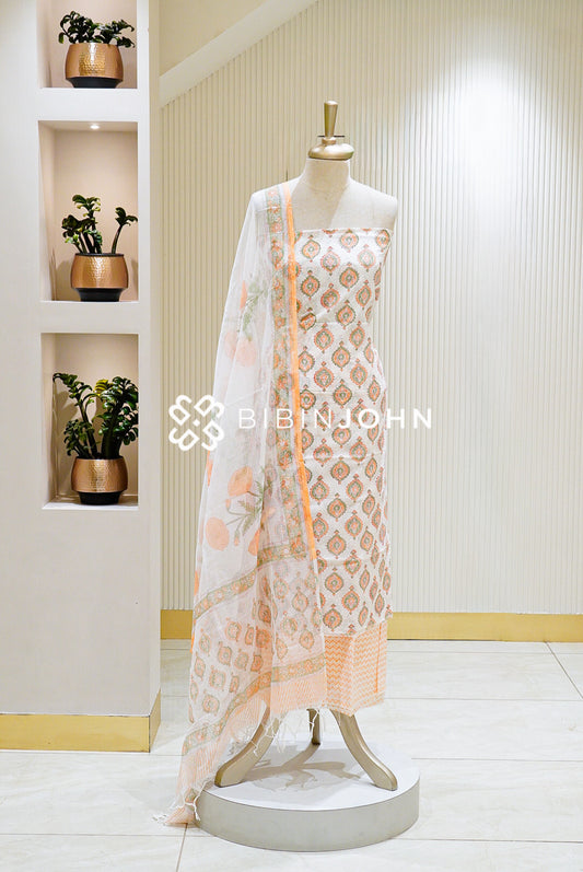Printed Cotton Unstitched Salwar Suit Material Off-White with Peach