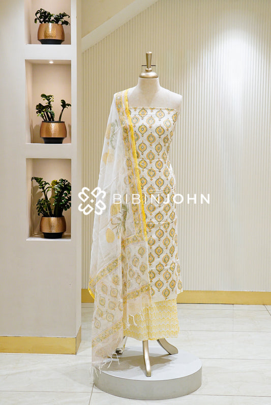 Printed Cotton Unstitched Salwar Suit Material Off-White 