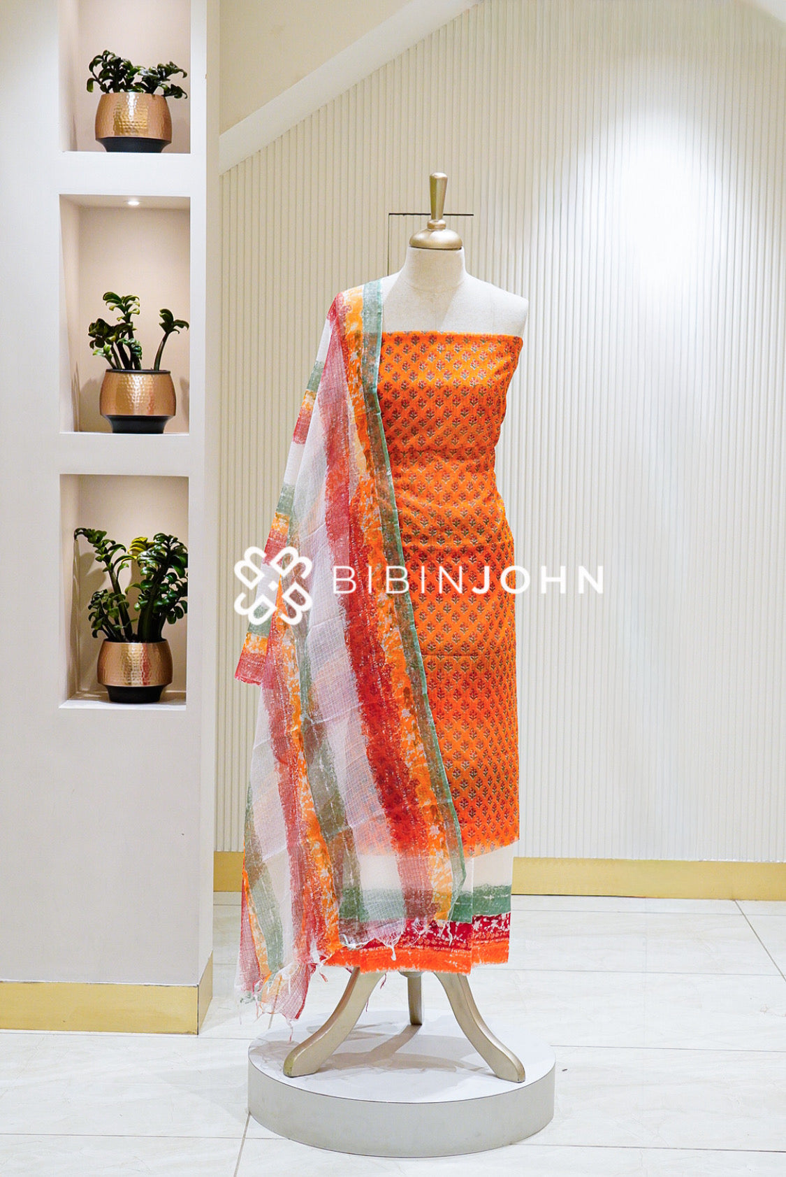 Printed Cotta Unstitched Salwar Suit Material Vibrant Orange