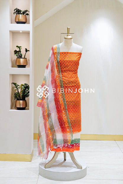 Printed Cotta Unstitched Salwar Suit Material Vibrant Orange