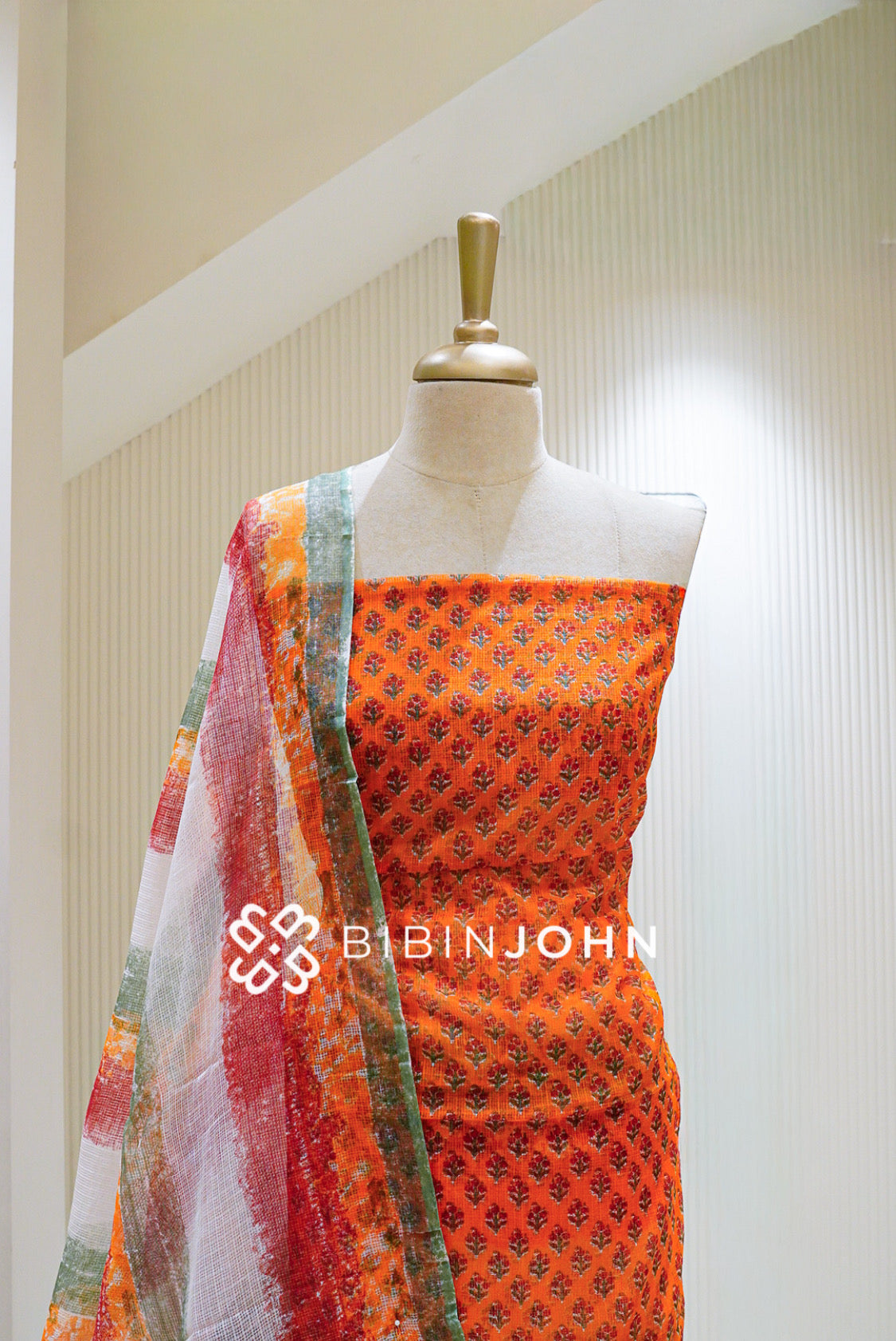 Printed Cotta Unstitched Salwar Suit Material Vibrant Orange CLOSE VIEW