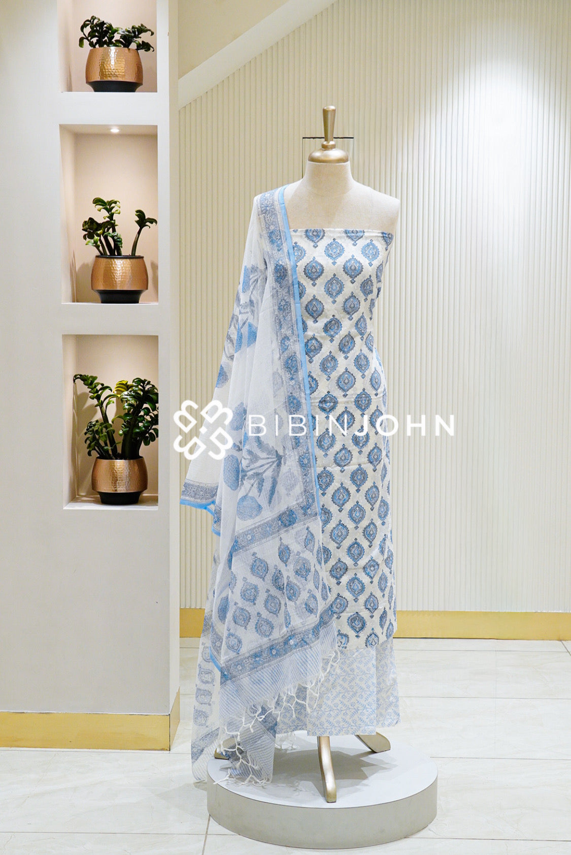 Printed Cotton Unstitched Salwar Suit Material White with Light Blue BJ1289