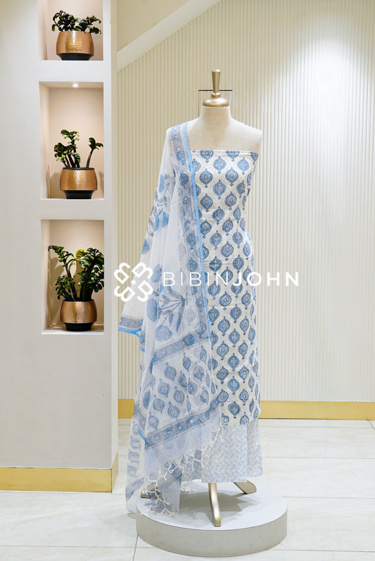 Printed Cotton Unstitched Salwar Suit Material White with Light Blue BJ1289