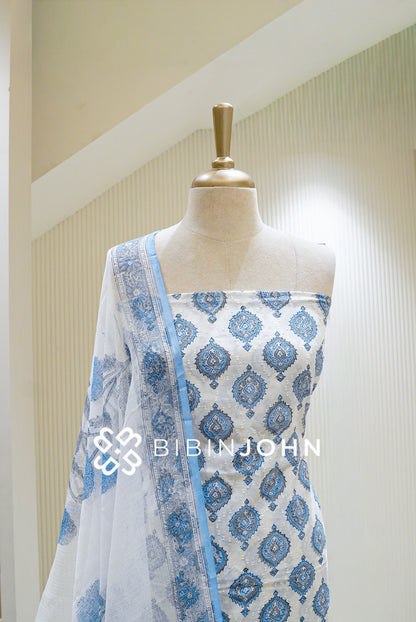 Printed Cotton Unstitched Salwar Suit Material White with Light Blue BJ1289