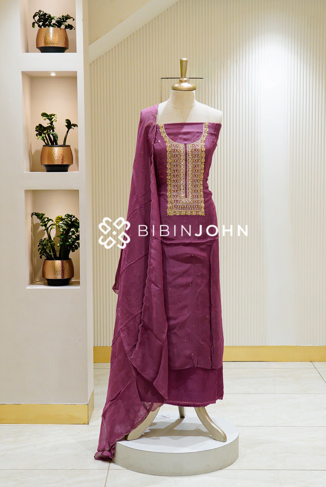 Organza Embroidery Unstitched Salwar Suit Material Wine-Purple BJ1290