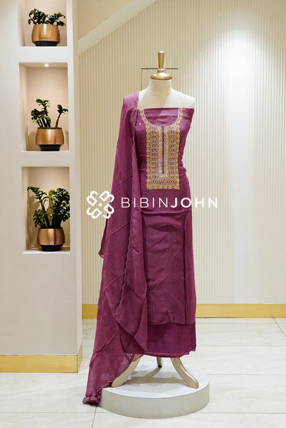 Organza Embroidery Unstitched Salwar Suit Material Wine-Purple BJ1290