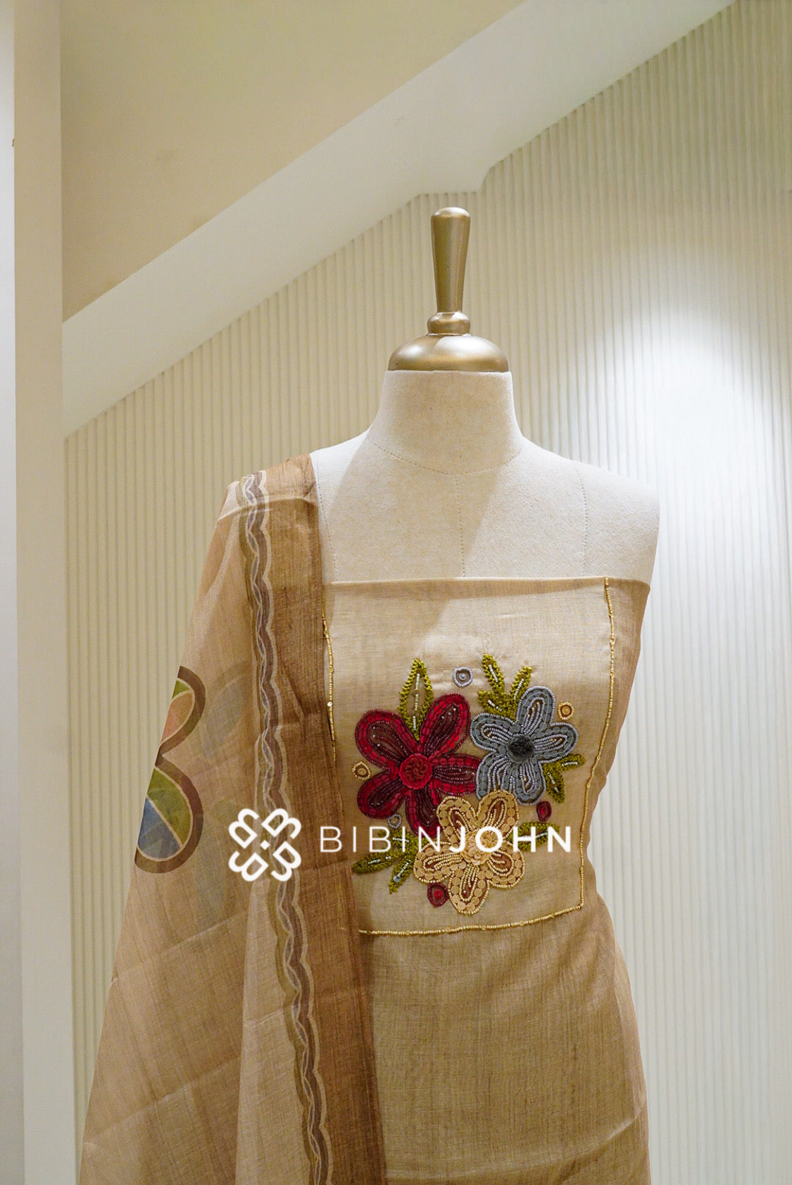 Chanderi Embroidery Unstitched Salwar Suit Material Beige BJ1293